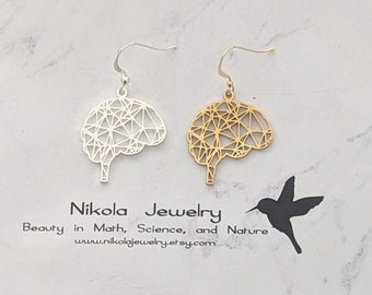 Pendientes geométricos de cerebro: joyas de oro o plata para neurología, TDAH