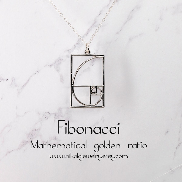 Fibonacci Golden Spiral Silver or Gold Necklace, Math Jewelry, Wearable Mathematics, Irrational Jewelry, Math Necklace, Gold Fibonacci