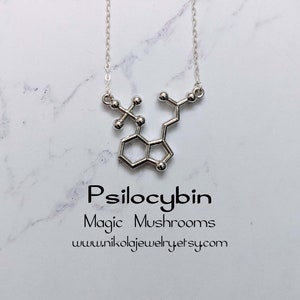 Pequeño collar con molécula de hongos de psilocibina, collar con molécula de hongos mágicos, joyería científica, regalos geek.