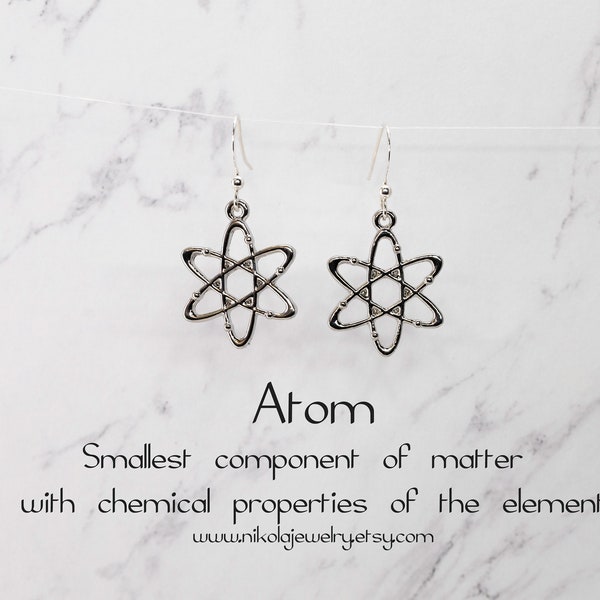 Silver Atom Earrings, Science Earrings, Black Cord Earrings, Atom Gift, Charm Choker, Science Gift, Geek Earrings, Geek Gift, Carbon Atom