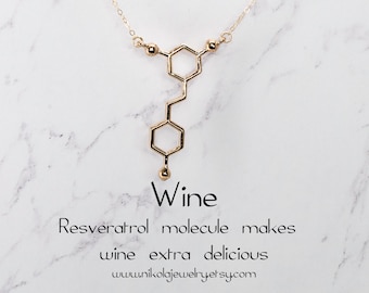 Red Wine Resveratrol Molecule Necklace in Gold or Silver, Chemistry Necklace, Resveratrol, Red Wine, Biology Jewelry, Wine Lovers