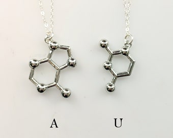 RNA Base Pair Molecule Necklace, Friendship Necklace Pair, Love Necklace Pair, RNA Keychain, Sterling Silver or Gold Filled Chain