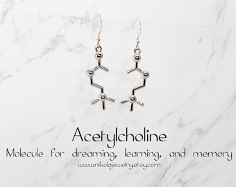 Boucles d'oreilles en argent acétylcholine, boucles d'oreilles molécule d'argent sterling, bijoux scientifiques, boucles d'oreilles molécule de rêve