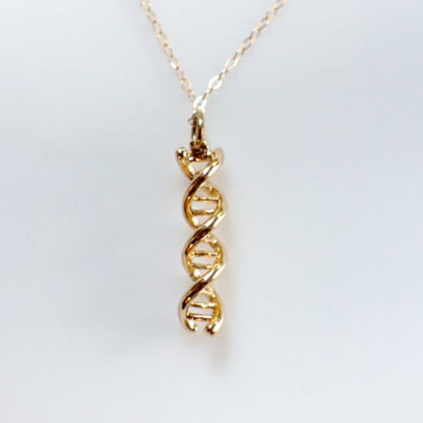 Gold DNA Necklace, Gold Science Jewelry, 3D DNA Double Helix, Dangle Earrings, Biology Science Themed Jewelry, 14K Gold DNA