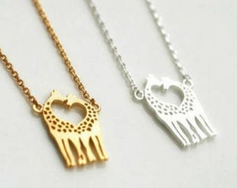 Love Giraffe Necklace in Gold or Silver, Twin Giraffe Pendant Necklace, Heart Giraffe Jewelry, Everyday Necklace, Wedding , Strand Necklace