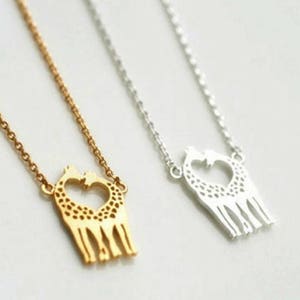 Love Giraffe Necklace in Gold or Silver, Twin Giraffe Pendant Necklace, Heart Giraffe Jewelry, Everyday Necklace, Wedding , Strand Necklace image 1