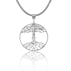 May include: A silver necklace with a circular pendant featuring a detailed tree of life design with a DNA strand at the center.