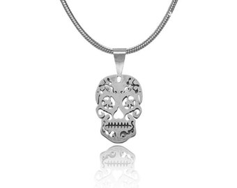 Calavera Sugar Skull Necklace in Gold or Silver, Day of the Dead Pendant, Mexican Skull Necklace, Skeleton Necklace, Dia de los Muertos