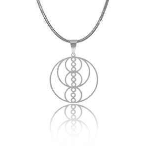 May include: A silver-colored necklace with a pendant featuring a geometric design of interconnected circles and smaller circles. The chain is a snake chain style. The pendant is suspended from a small bail.
