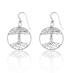 May include: Silver dangle earrings featuring a tree of life design with intricate details. The earrings are circular and have a delicate, openwork pattern.