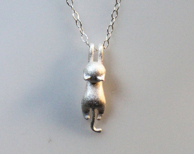 Hanging Cat Sterling Silver or Gold Necklace, Little Kitty Cat Necklace in Shiny or Matte Finished Silver, Cat Lover Gift