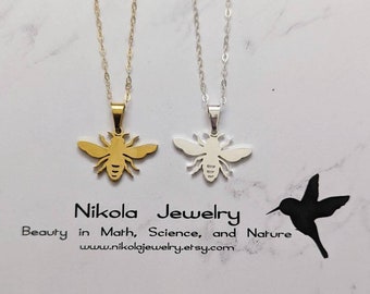Honey Bee Pendant Necklace: Gold or Silver, Biology Gift