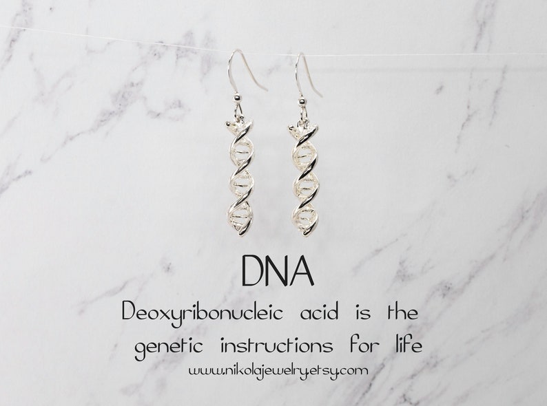 Silver or Gold DNA Earrings, Sterling Silver Science Jewelry, 3D DNA Double Helix, Dangle Earrings, Biology Science Themed Jewelry, Gold DNA image 1