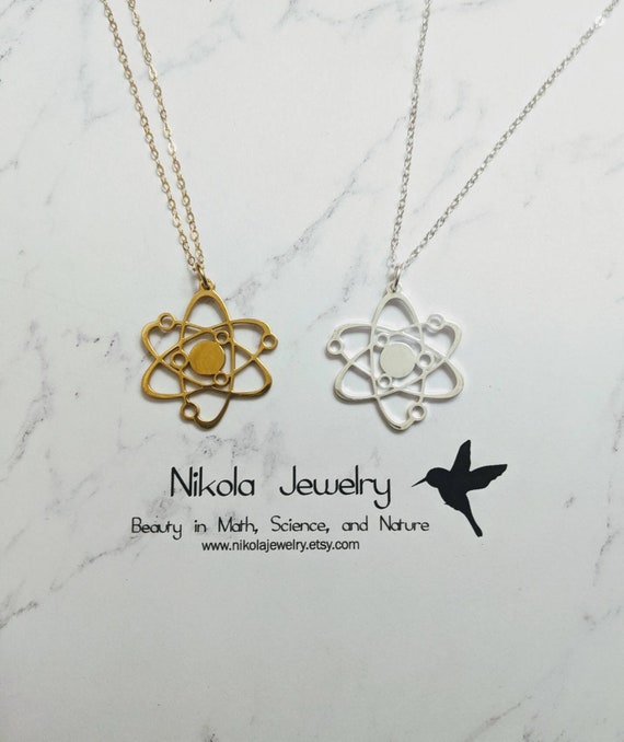 Atom Necklace in Silver or Gold Science Necklace Black Cord