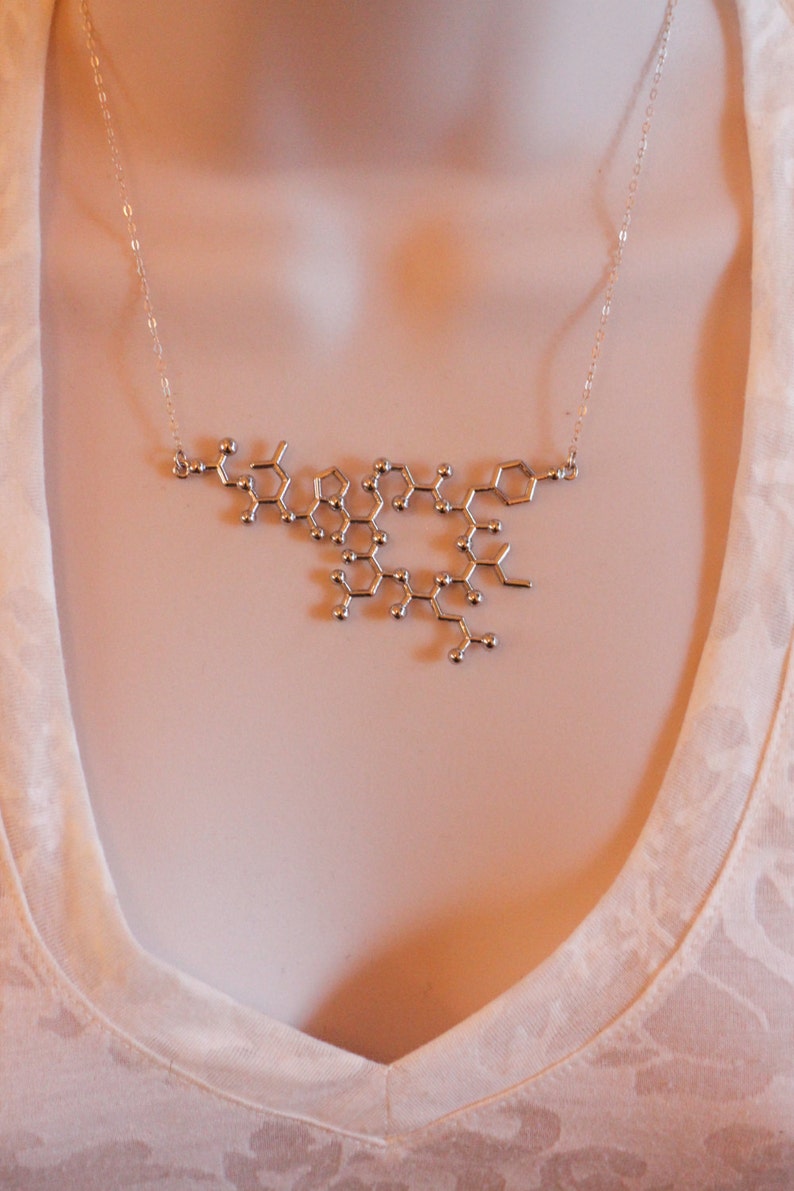 Oxytocin Molecule Silver or Gold Necklace, Chemistry Geek Jewelry, Bonding Molecule, Oxytocin Pendant Bio-Chemistry Love Hormone image 4