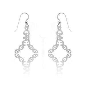 May include: A pair of silver dangle earrings featuring a DNA double helix design.