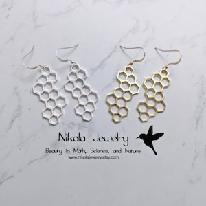 Silver and Gold Honeycomb Earrings, Honey Earrings,  Beekeeper Earrings, Natural Jewelry, Golden Geometric Jewelry