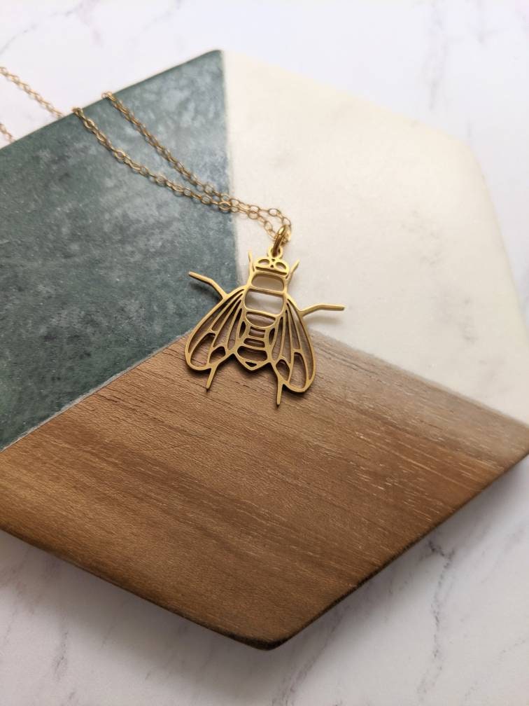 24時間以内発送 ゴールド ネックレス ショウジョウバエネックレス：金または銀のハエペンダント、生物学