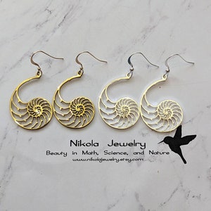 Nautilus Shell Earrings in Gold or Silver, Fossil Earrings, Biology Gift, Geek Jewelry, Nautilus Pendant, Marine Biology Gift