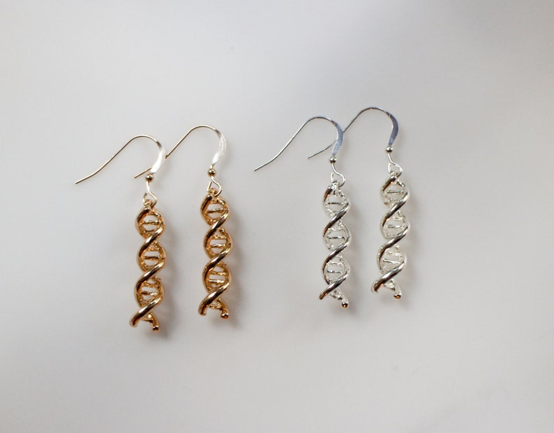 Silver or Gold DNA Earrings, Sterling Silver Science Jewelry, 3D DNA Double Helix, Dangle Earrings, Biology Science Themed Jewelry, Gold DNA image 3