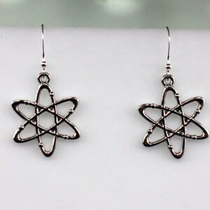 May include: A pair of silver earrings with an atomic symbol design.