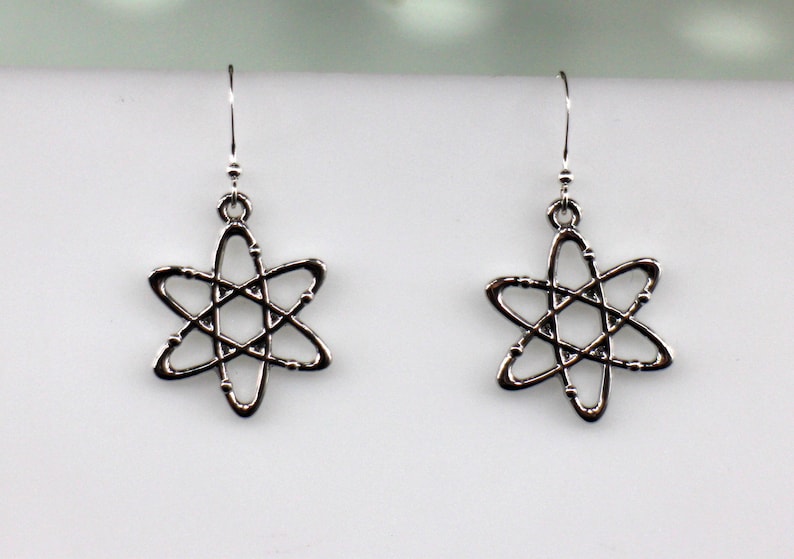 May include: A pair of silver earrings with an atomic symbol design.