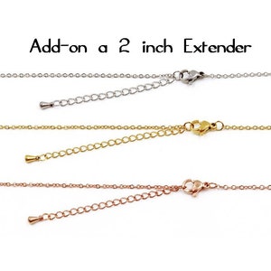 May include: Three silver, gold, and rose gold chains with lobster clasps and 2 inch extenders. Add-on a 2 inch extender.