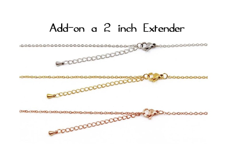 May include: Three silver, gold, and rose gold chains with lobster clasps and 2 inch extenders. Add-on a 2 inch extender.