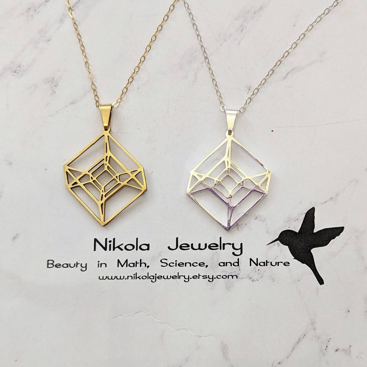 Hypercube Necklace in Gold or Silver Geometric Necklace Math