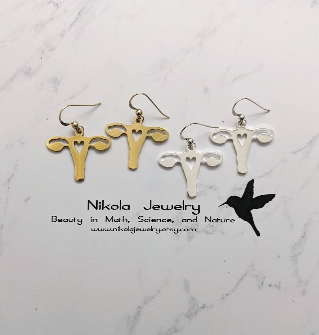 Uterus Earrings in Gold or Silver, Female Reproductive System Necklace ...