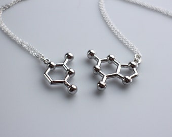 DNA Base Pair Molecule Necklace, Friendship Necklace Pair, Love Necklace Pair, DNA Keychain, Sterling Silver or Gold Filled Chain.