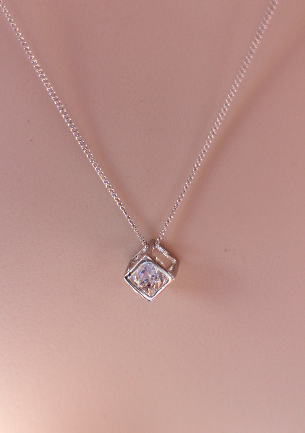 Sterling Silver Cube Rhinestone Necklace Geometric Necklace | Etsy