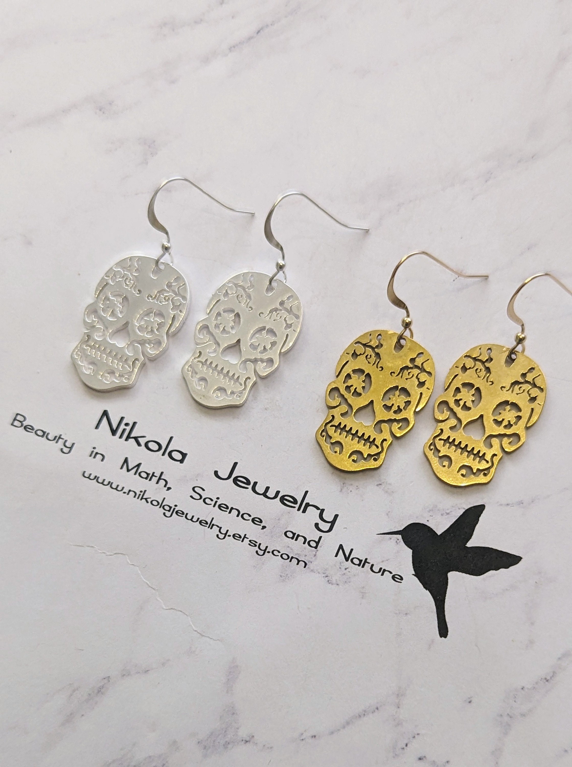 Boucles D'Oreilles Longues Calavera / Crâne - Argenté - Fait Main - Neuf Avec Étiquettes