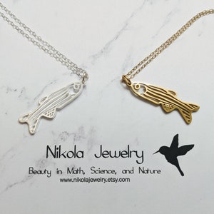 Pode incluir: Dois colares de prata e ouro com pingentes de peixe. Os peixes são feitos de metal e têm um design listrado detalhado. Os colares estão sobre um fundo de mármore branco. O texto "Nikola Jewelry" e "Beauty in Math, Science, and Nature" está abaixo dos colares. O endereço do site "www.nikolajewelry.etsy.com" está abaixo do texto.