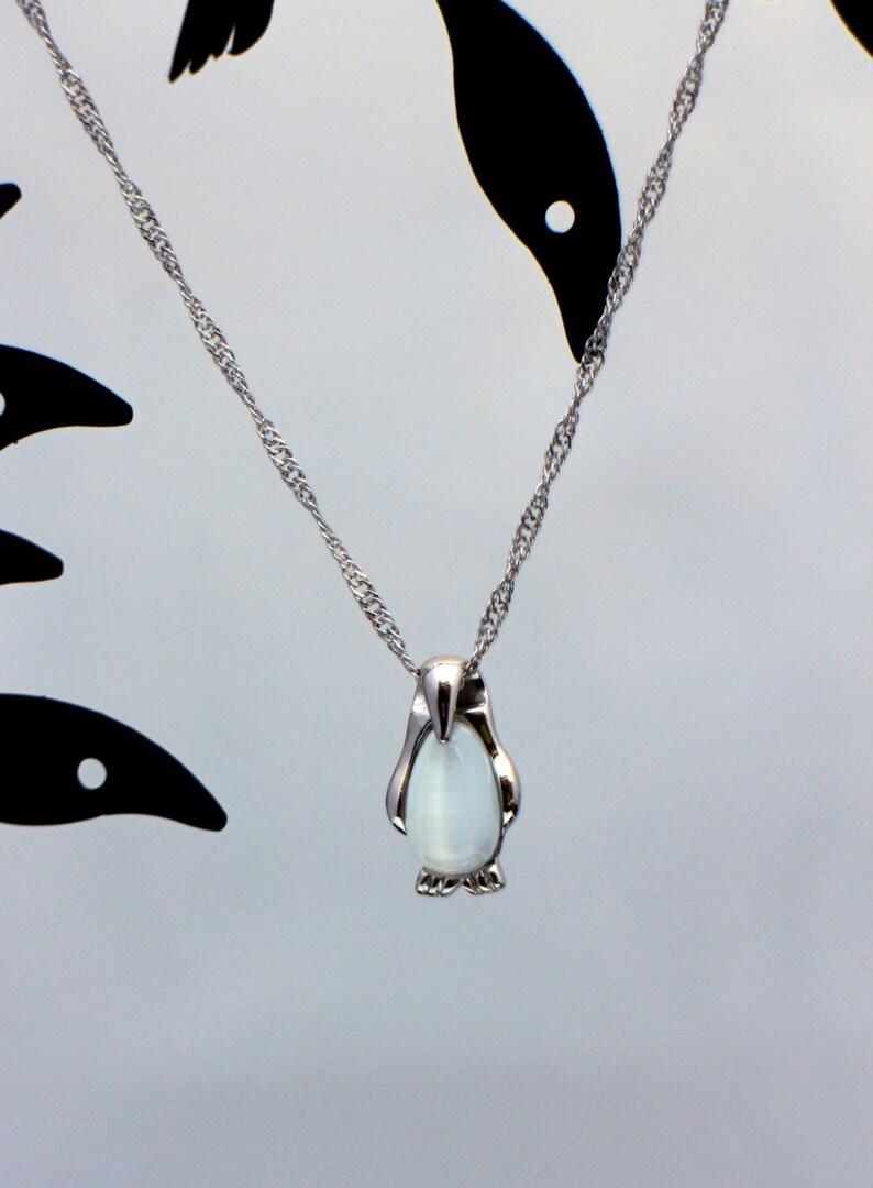 Sterling Silver Penguin Necklace Cat's Eye White Bead in Etsy