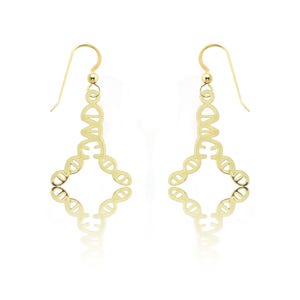 May include: A pair of gold-toned dangle earrings featuring a DNA double helix design. The earrings are made of metal and have a hook closure.
