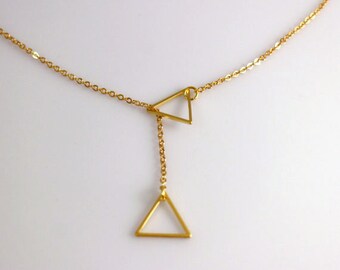 Gold, Rose Gold or Silver Double Triangle Necklace, Triangle Lariat Necklace, Strand Necklace, Geometric Jewelry, Double Triangle Necklace