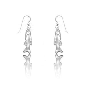 May include: Silver fish-shaped dangle earrings with a delicate outline design.