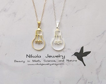 Collar con forma de bombilla Edison: joyería de física en oro o plata.