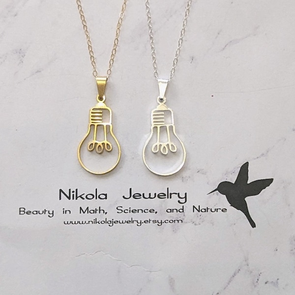 Edison Light Bulb Necklace in Gold or Silver, Physics Necklace, Math Jewelry, Geometric Jewelry, Bulb Jewelry, Nikola Gift