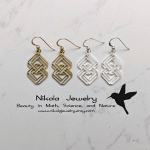 Puede incluir: Tres pares de pendientes colgantes geométricos en oro, plata y metal blanco. Los pendientes presentan un patrón repetitivo de cuadrados y rectángulos.