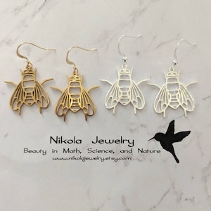 Drosophila Earrings in Gold or Silver, Fly Earrings, Biology Gift, Geek Jewelry, Drosophila Pendant, Silver Drosophila, Gold fly Earrings