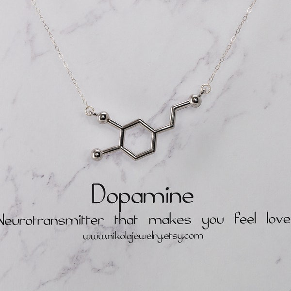 Silver Dopamine Molecule Necklace, Chemistry Necklace, Hormone Dopamine, Biochemistry Molecule Love Signal Pendant Biology Jewelry