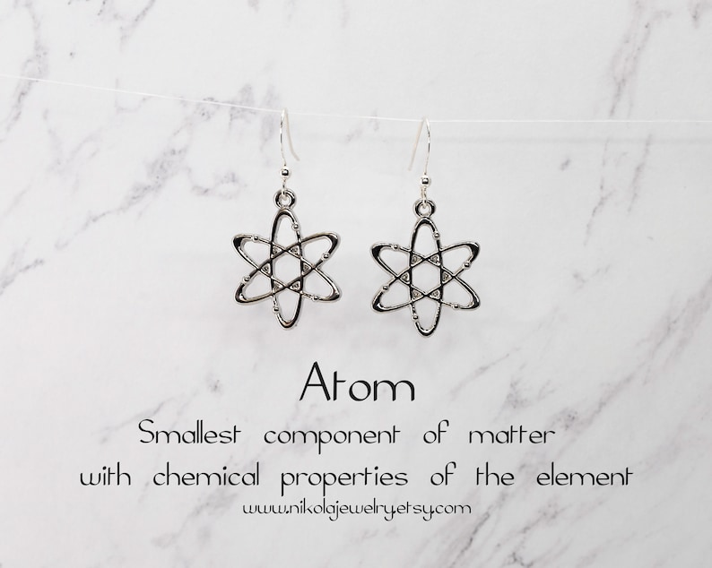 May include: Silver atom earrings with a delicate design. The earrings are hanging from a white background. "Atom" is written below the earrings, followed by the text "Smallest component of matter with chemical properties of the element" and a website address.