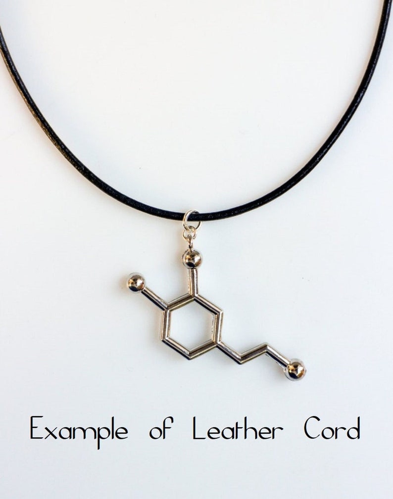 May include: A silver necklace with a pendant shaped like a chemical molecule. The necklace is on a black leather cord. "Example of Leather Cord" is written below the necklace.