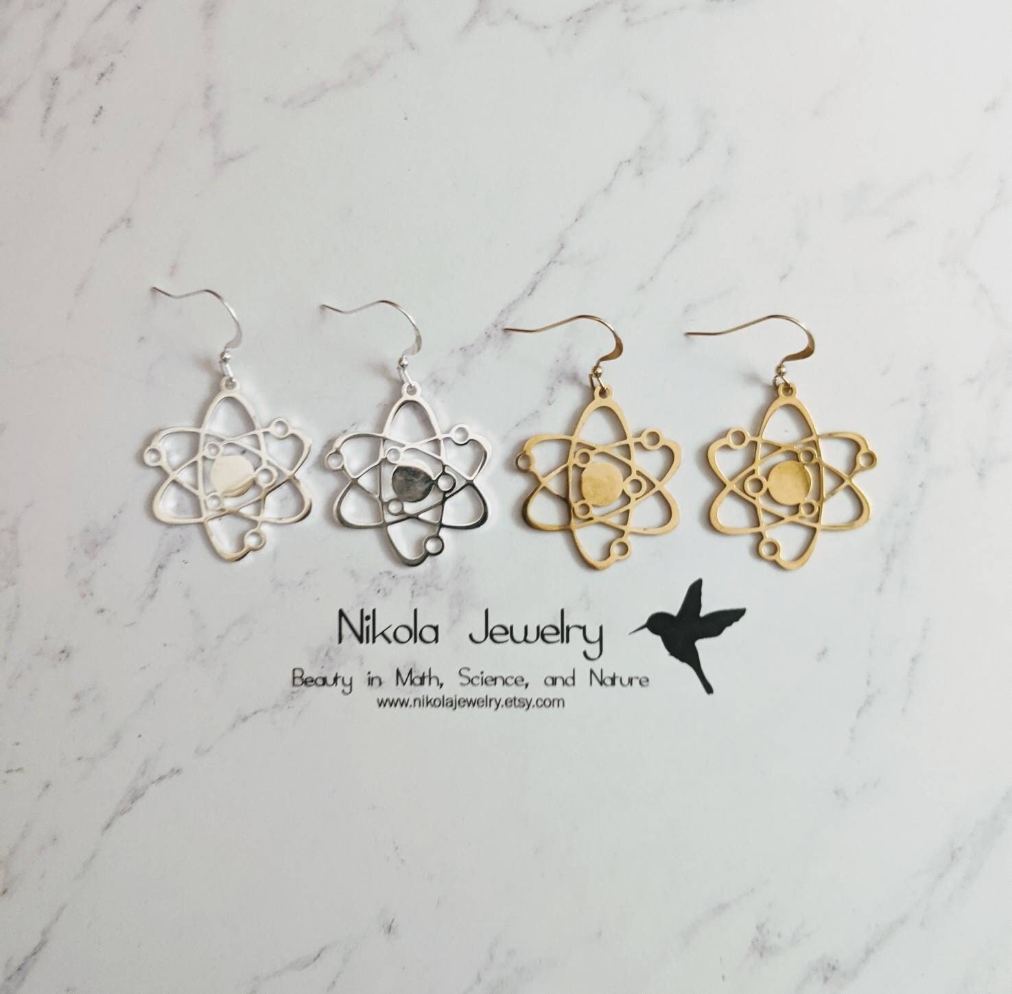 Atom Earrings in Silver or Gold, Science Earrings, Physics Earrings, Atom Gift, Charm Choker, Science Gift, Geek Gift, Carbon Atom