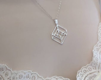 Hypercube Necklace in Gold or Silver, Geometric Necklace, Math Jewelry, Geometric Jewelry, Cube Jewelry, Math Gift