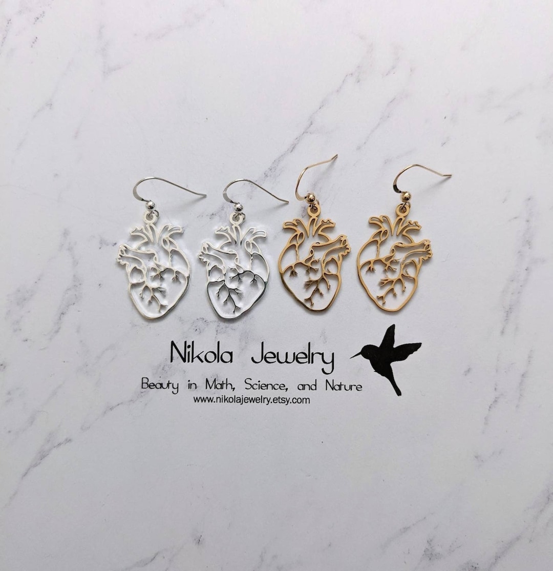 Anatomic Heart Earrings in Gold or Silver, Cardiology Gift, Heart