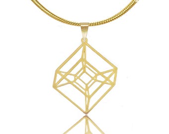Hypercube Necklace: Geometric Tesseract Jewelry, Math Gift