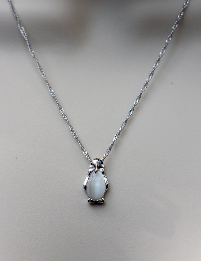 Sterling Silver Penguin Necklace Cat's Eye White Bead in Etsy